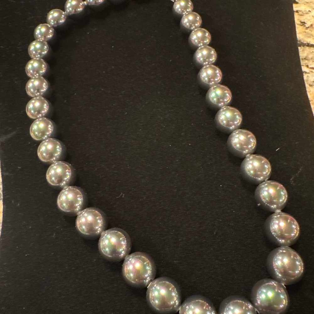 Graduated Gray Faux Pearl Necklace Sterling 925 CZ Clasp 16” Tahitian Style - Picture 2 of 4